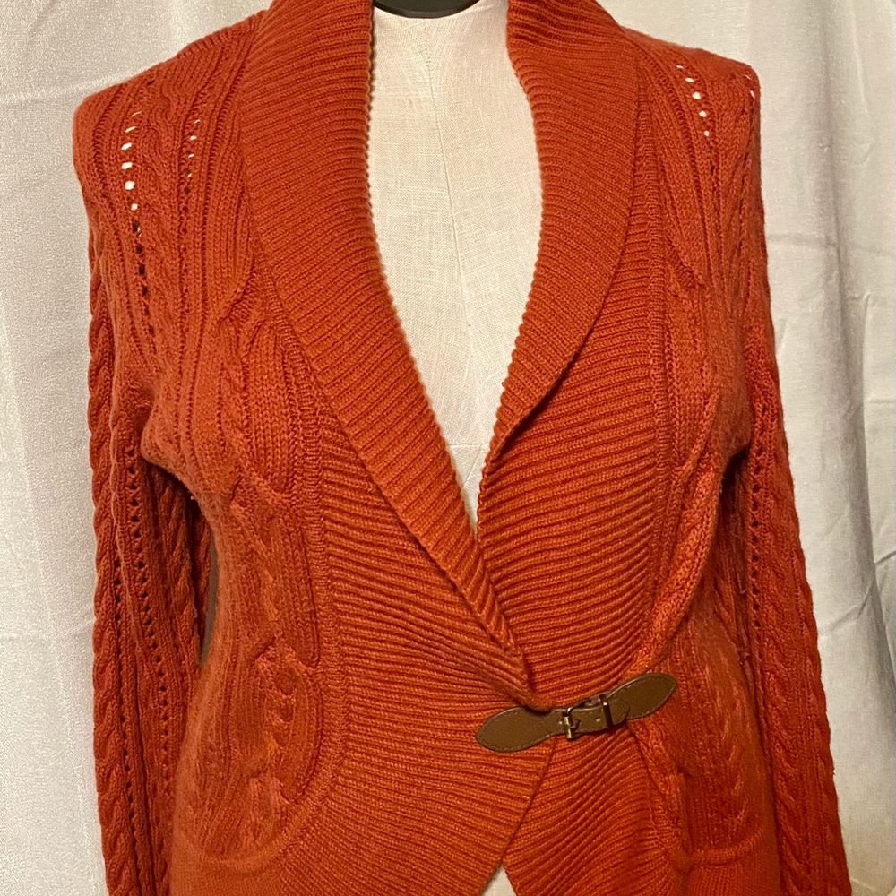 Talbots Pumpkin Sweater with leather closure